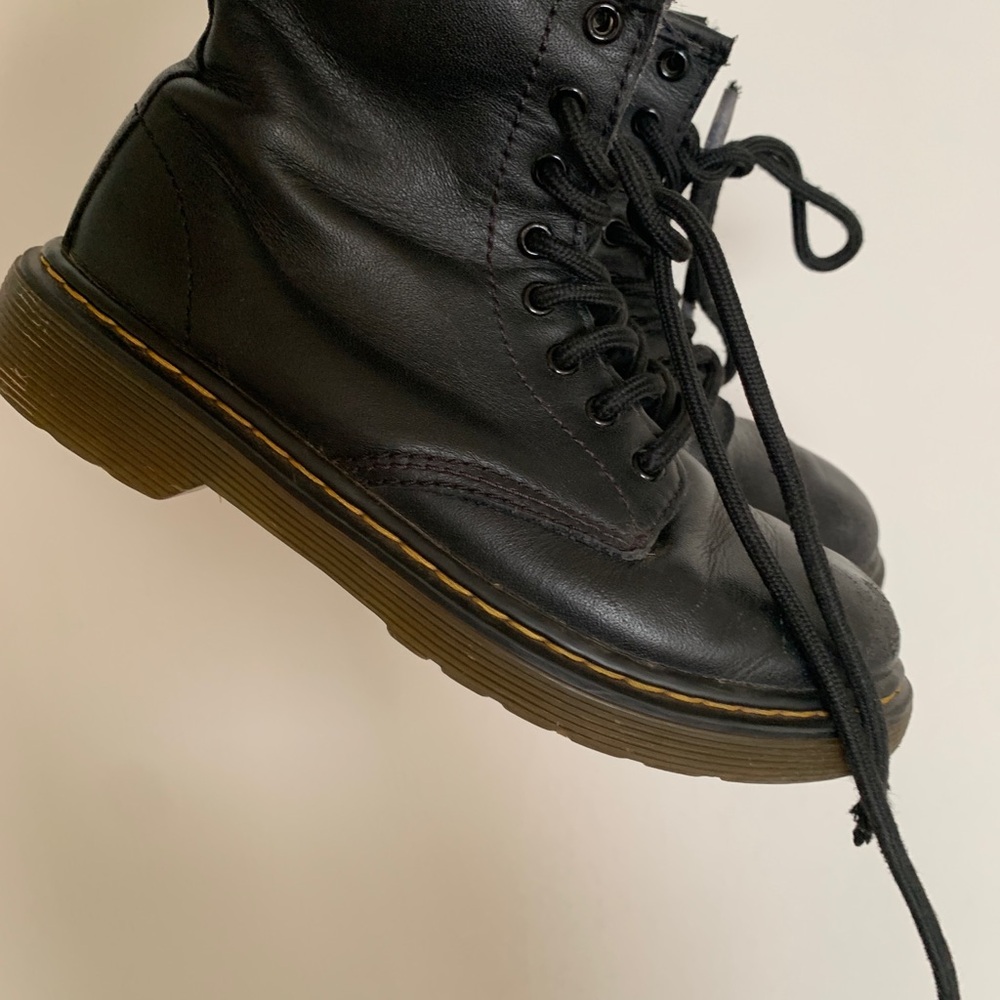 Dr. Martens Black Kids Leather Combat Boots with Yellow Stitching